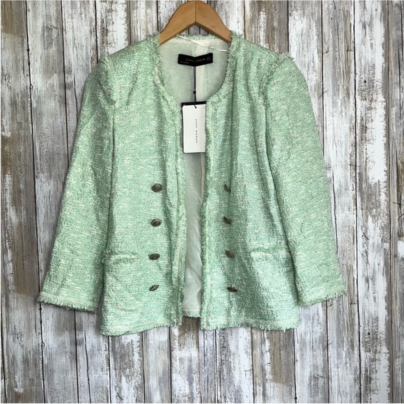 NWT Zara Fantasy Tweed Boucle Mint Button Blazer Rare - Picture 2 of 9